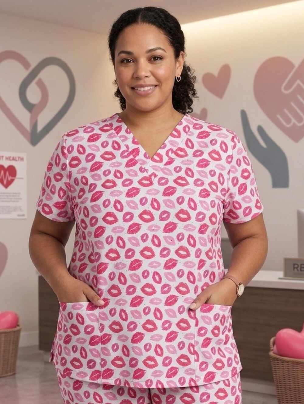 Women's Pink Lip-Print Scrub Top With Kissed And Glitter Spots